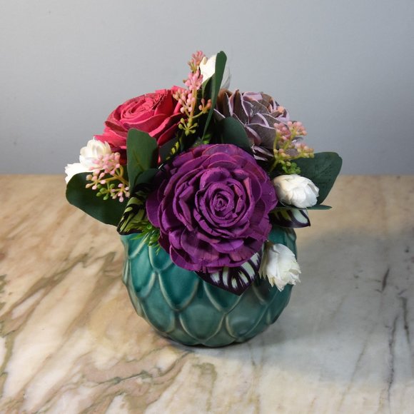 Wise Owl! 4 inch Aqua ceramic owl planter with sustainable Sola wood roses - Picture 4 of 7